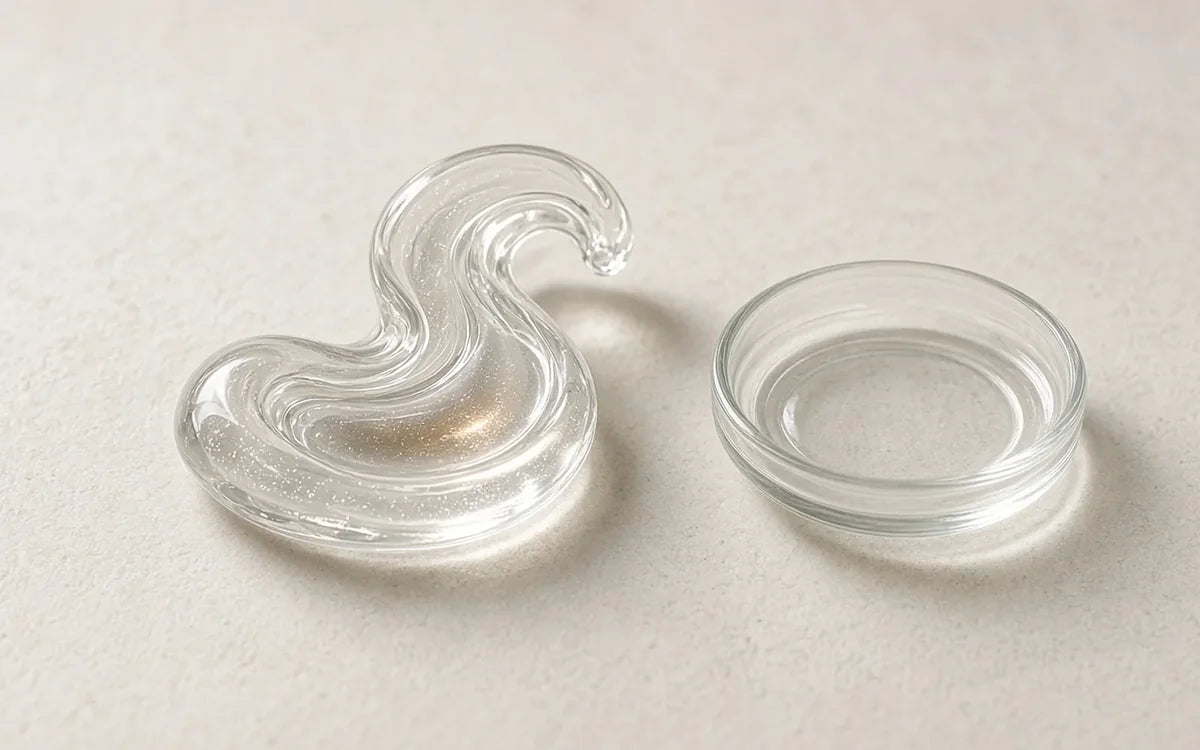 A clear hydrating gel texture swirling beside a small glass dish