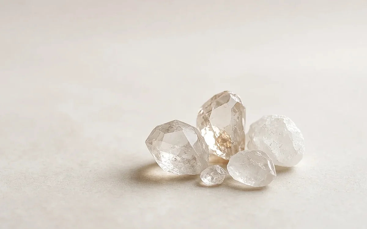 Clear mineral crystals resting on a pale stone surface