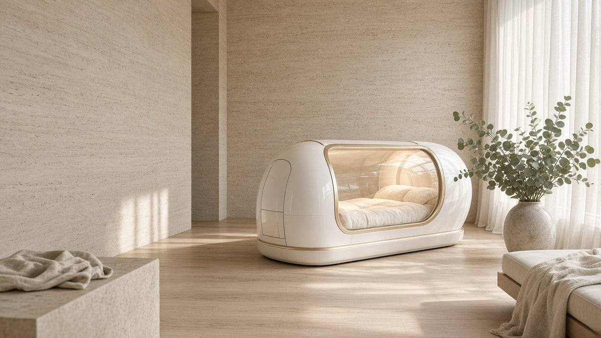 Modern hyperbaric chamber in a serene, light-filled wellness suite with travertine walls and eucalyptus