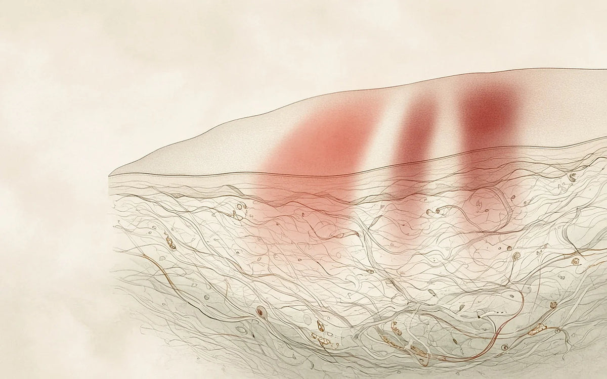 Soft illustration of warm red light glowing through the layers of the skin