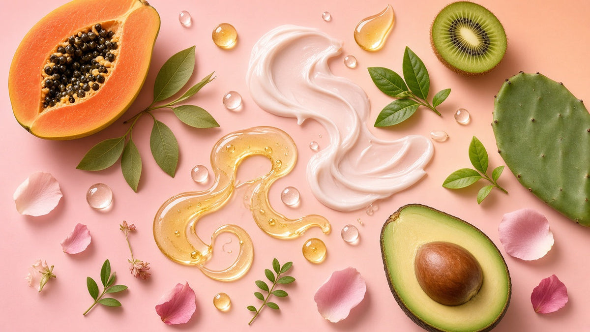 Skincare ingredient flat lay with serum drops, cream swirls, papaya, kiwi, avocado, nopal cactus and green tea leaves