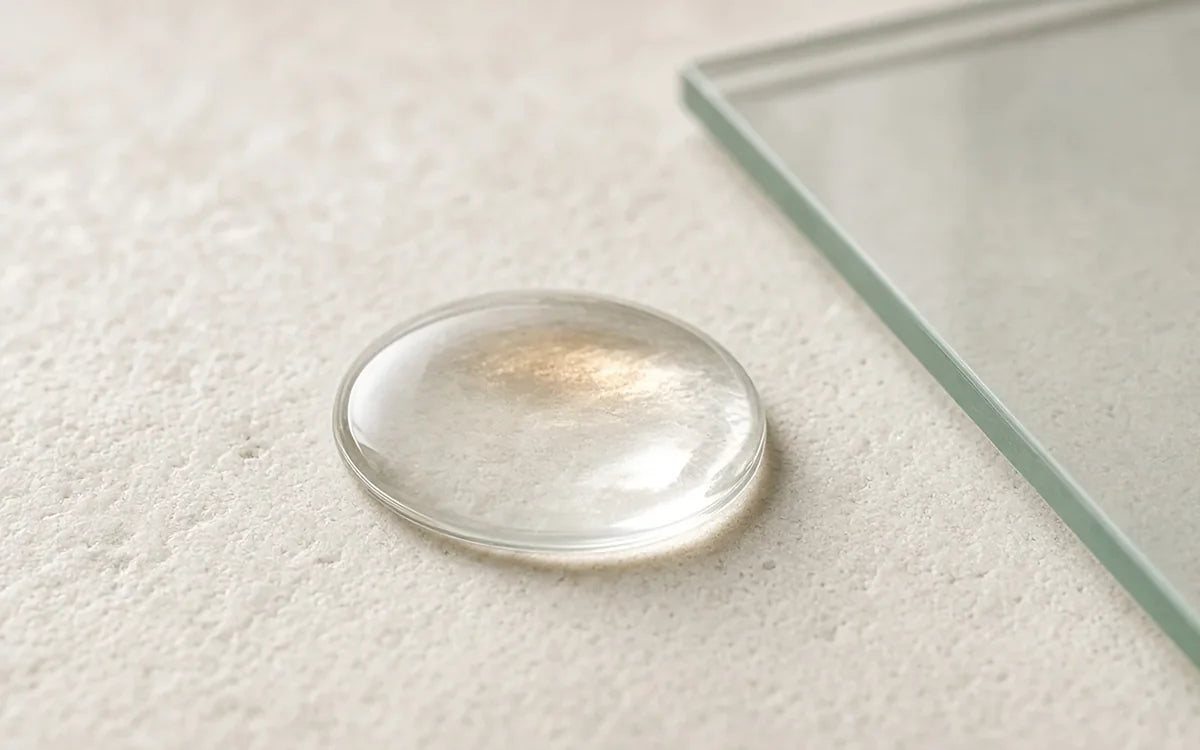 A single clear drop of serum resting on textured stone beside a pane of glass